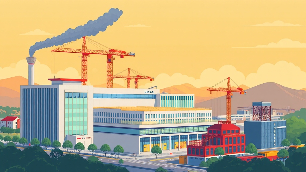 SK AI 데이터센터 울산: 친환경 구축, 지역 경제 기여, 미래 전망 6 SK그룹, 울산과 함께 성장 (cartoon 스타일)