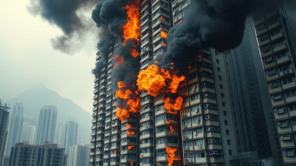 홍콩 아파트 화재 개요 (realistic 스타일)