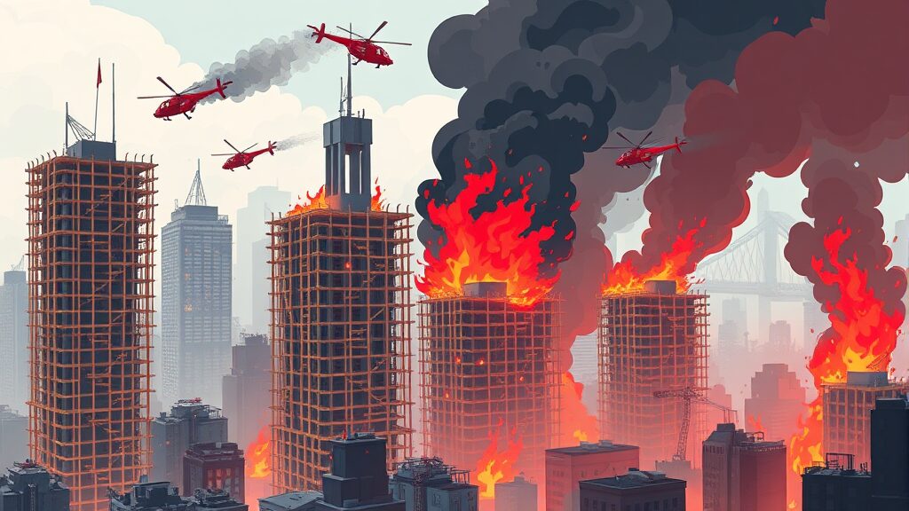 화재 확산과 진압 과정 (illustration 스타일)