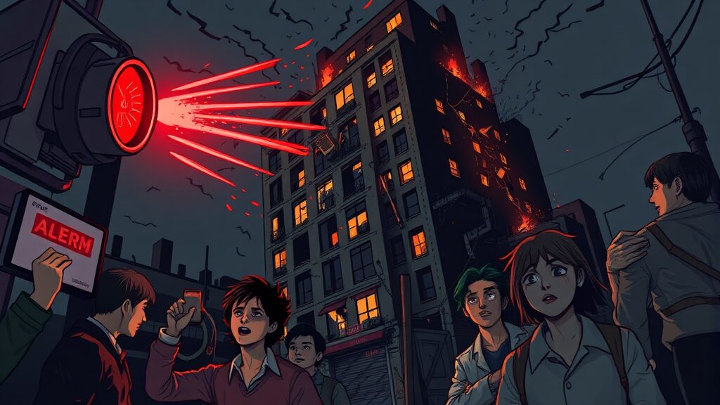 화재 경보 시스템 문제점 (illustration 스타일)