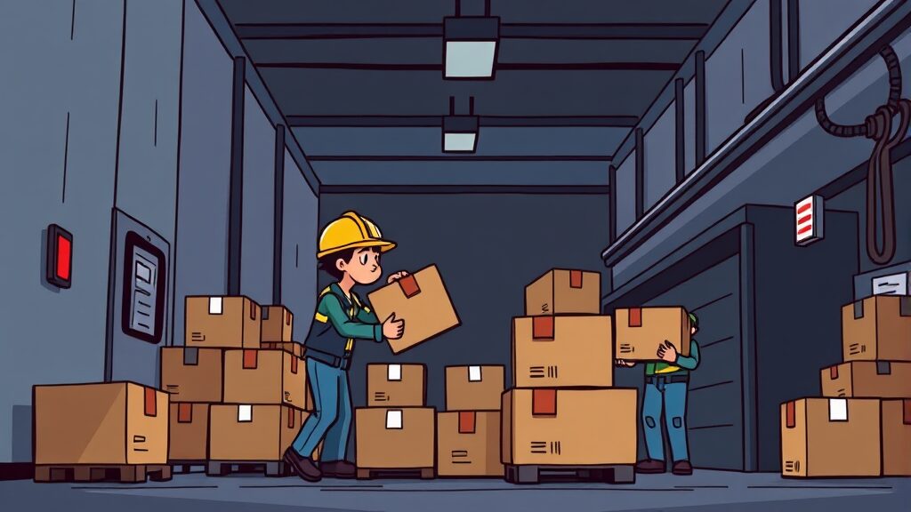 물류센터 안전 문제 (cartoon 스타일)