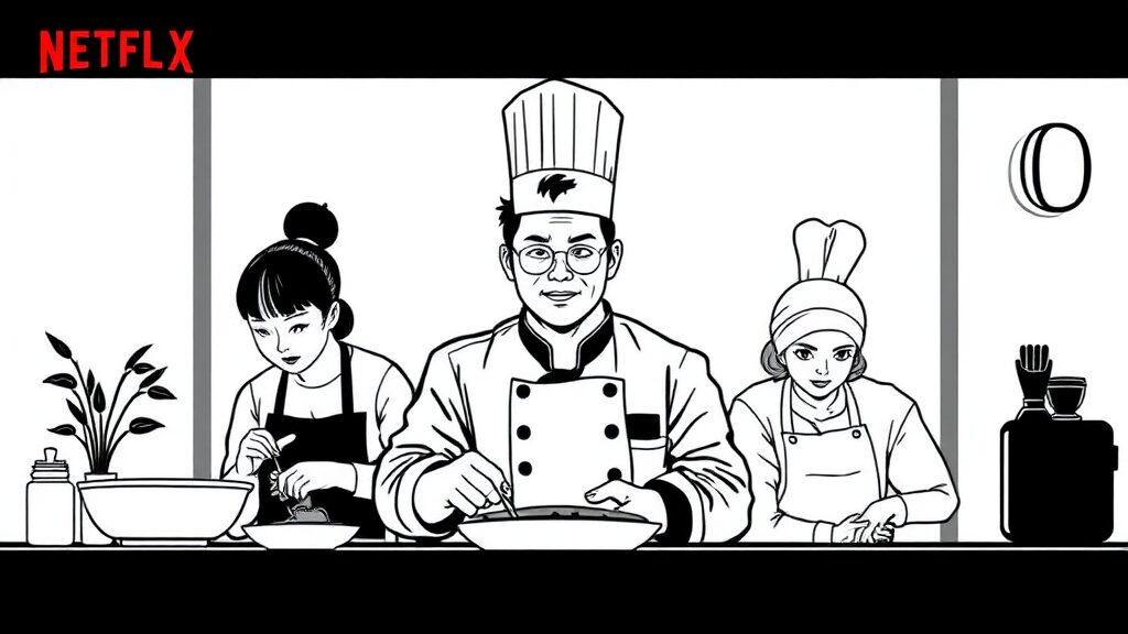 흑백요리사 시즌2: 셰프들의 불꽃 튀는 요리 전쟁! 정보 총정리 5 시즌2 줄거리 및 주요 내용 (illustration 스타일)