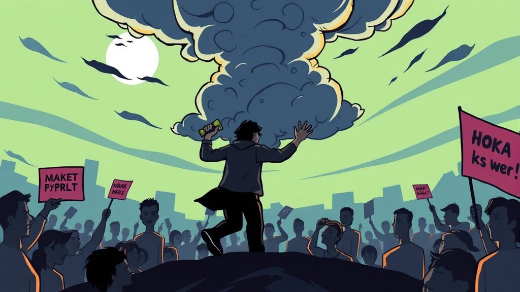 불매 운동과 주가 하락: 브랜드 이미지 타격 (cartoon 스타일)