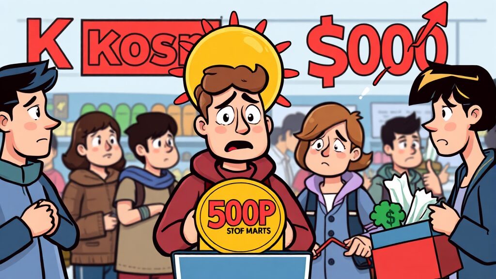 코스피 5000과 체감 경제 괴리 (cartoon 스타일)