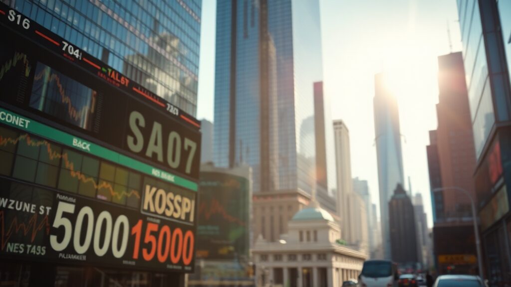 코스피 5000 시대, 빛과 그림자 (realistic 스타일)