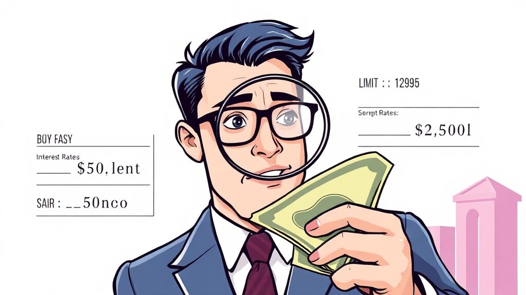 대출 한도, 금리, 상환 조건, 꼼꼼하게 따져보자! (illustration 스타일)