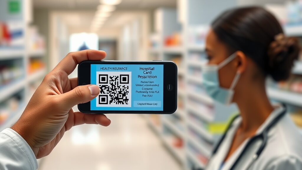 병원 및 약국에서 모바일 건강보험증 사용하기 (realistic 스타일)