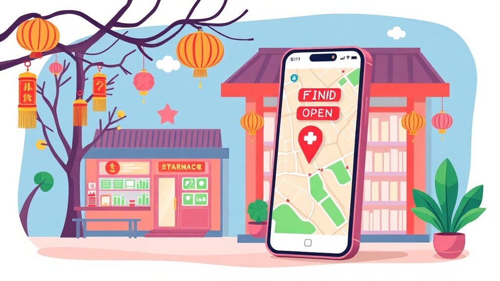 스마트폰 앱으로 간편하게! 설 연휴 약국 정보 확인 (cartoon 스타일)