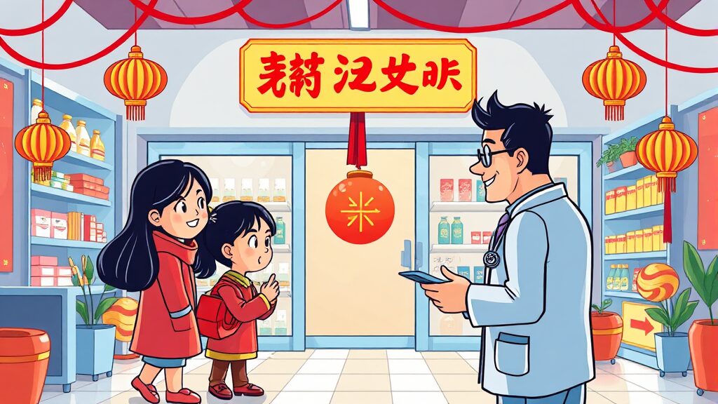 연휴 기간 건강 관리: 약국 이용 팁과 주의사항 (cartoon 스타일)