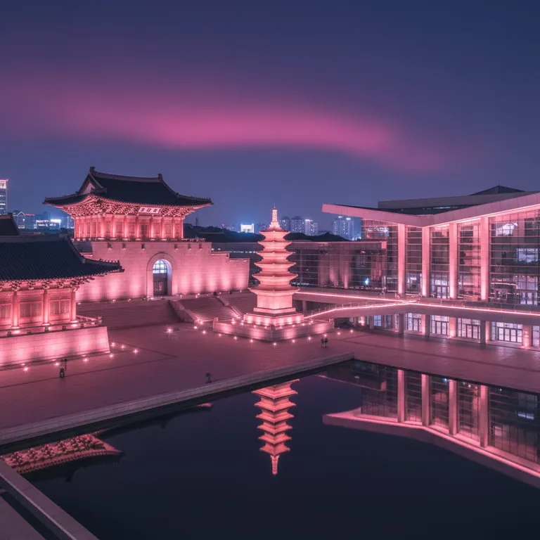 박물관 외벽을 물들이는 핑크빛 조명 연출의 미학