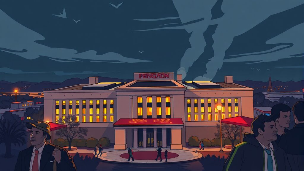 피자 주문량 급증, 실제 안보 위기 사례 분석 (illustration 스타일)